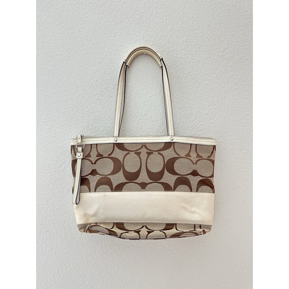 Vintage Coach Khaki Ivory Signature C Stripe Canvas Tote